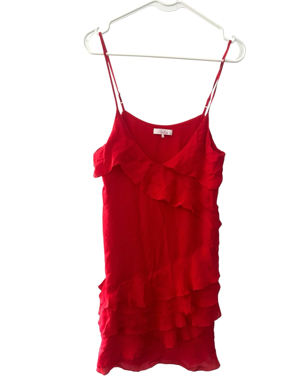 Parker Red Silk Strappy Sleeveless Tiered Ruffle Athena Mini Dress- Sz XS - Picture 7 of 14